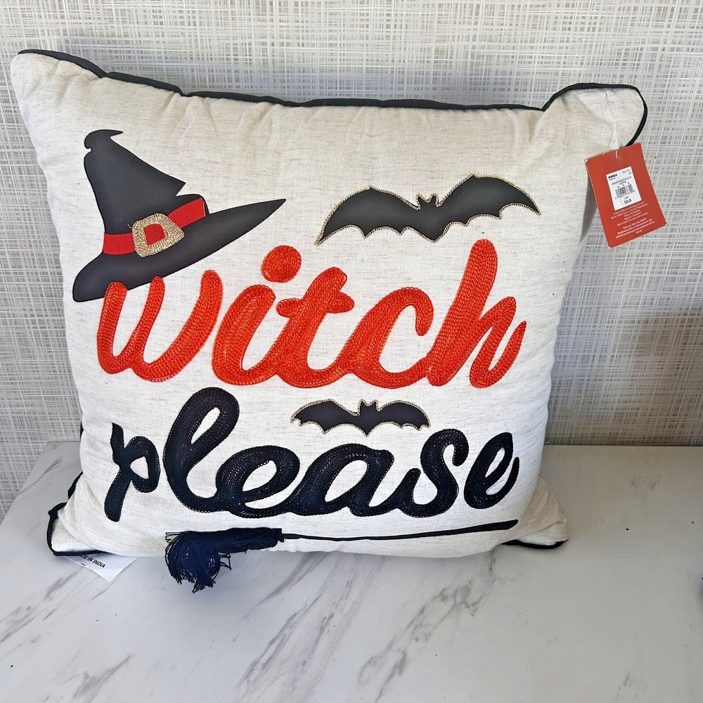 Halloween "Witch Please" Logo Throw Pillow with Witches Broom & Bat Linen 18X18 - Picture 1 of 3